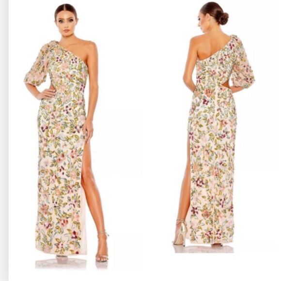 Mac Duggal One Shoulder Floral Sequin Beaded Formal...